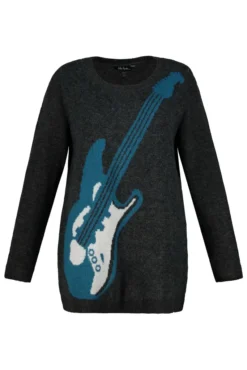 ULLA POPKEN Pullover, Gitarrenmotiv, Weicher Feinstrick Schwarz NEU, Größe:46_48