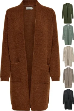 ONLY Female Strickjacke - Damen Cardigan Lang Taschen, Farbe:Beige, Größe:S